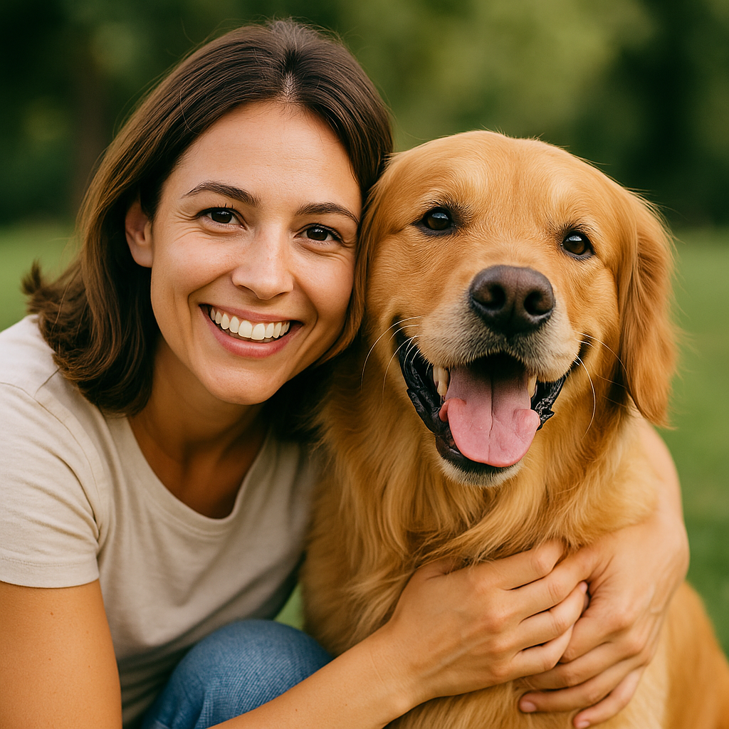 Happy pet owner with veterinarian